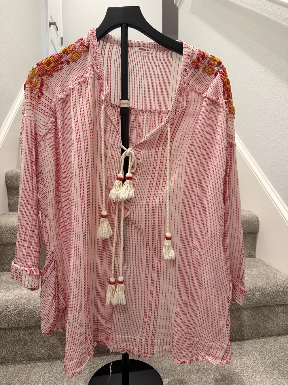 Boho  johnny Was Tassel Peasant Top - Red Stripe with beaded Shoulders size M